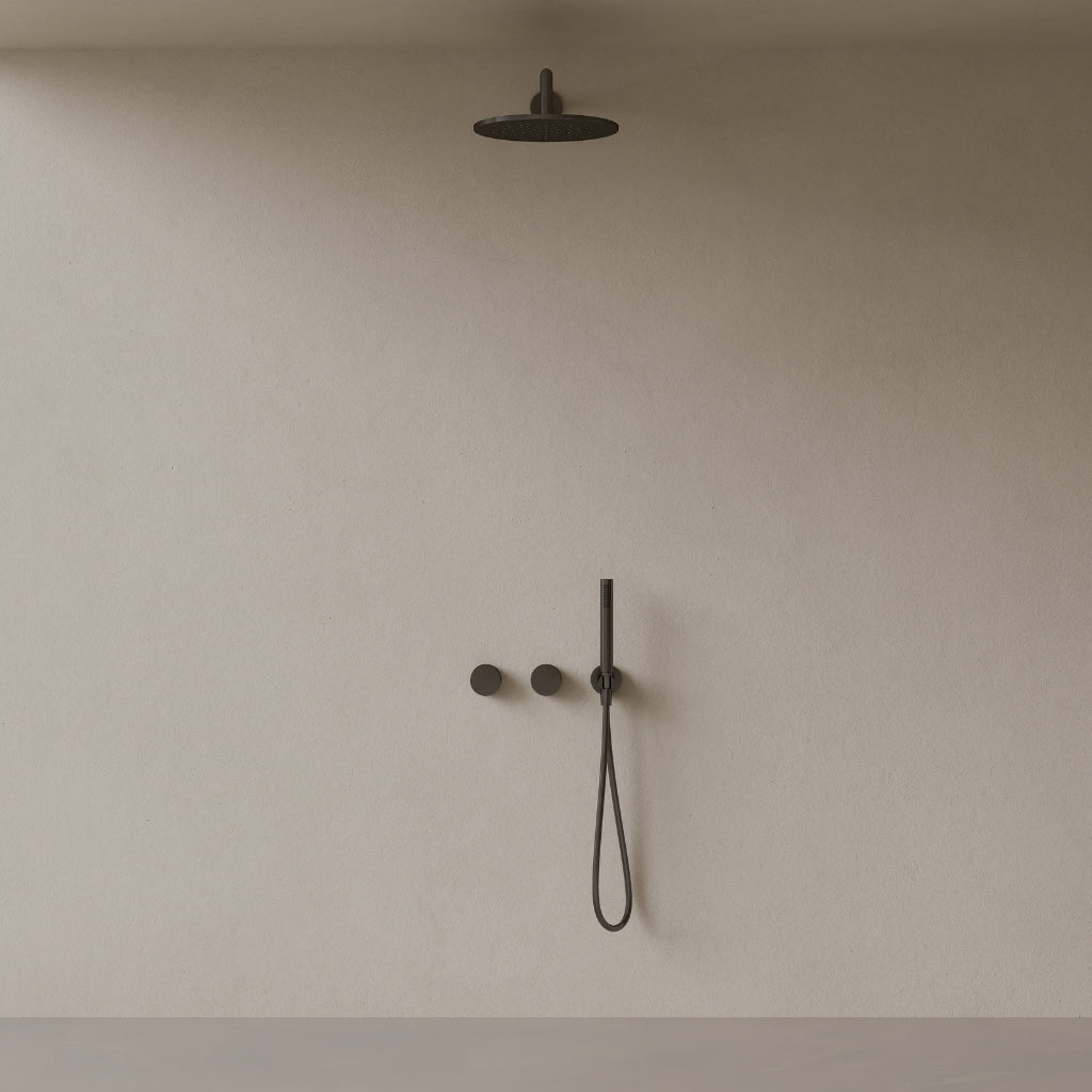 Thermostatic Square Arm Rainfall Shower System with Dual Knob Control and Handheld