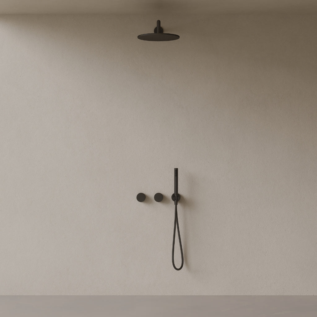 Thermostatic Square Arm Rainfall Shower System with Dual Knob Control and Handheld