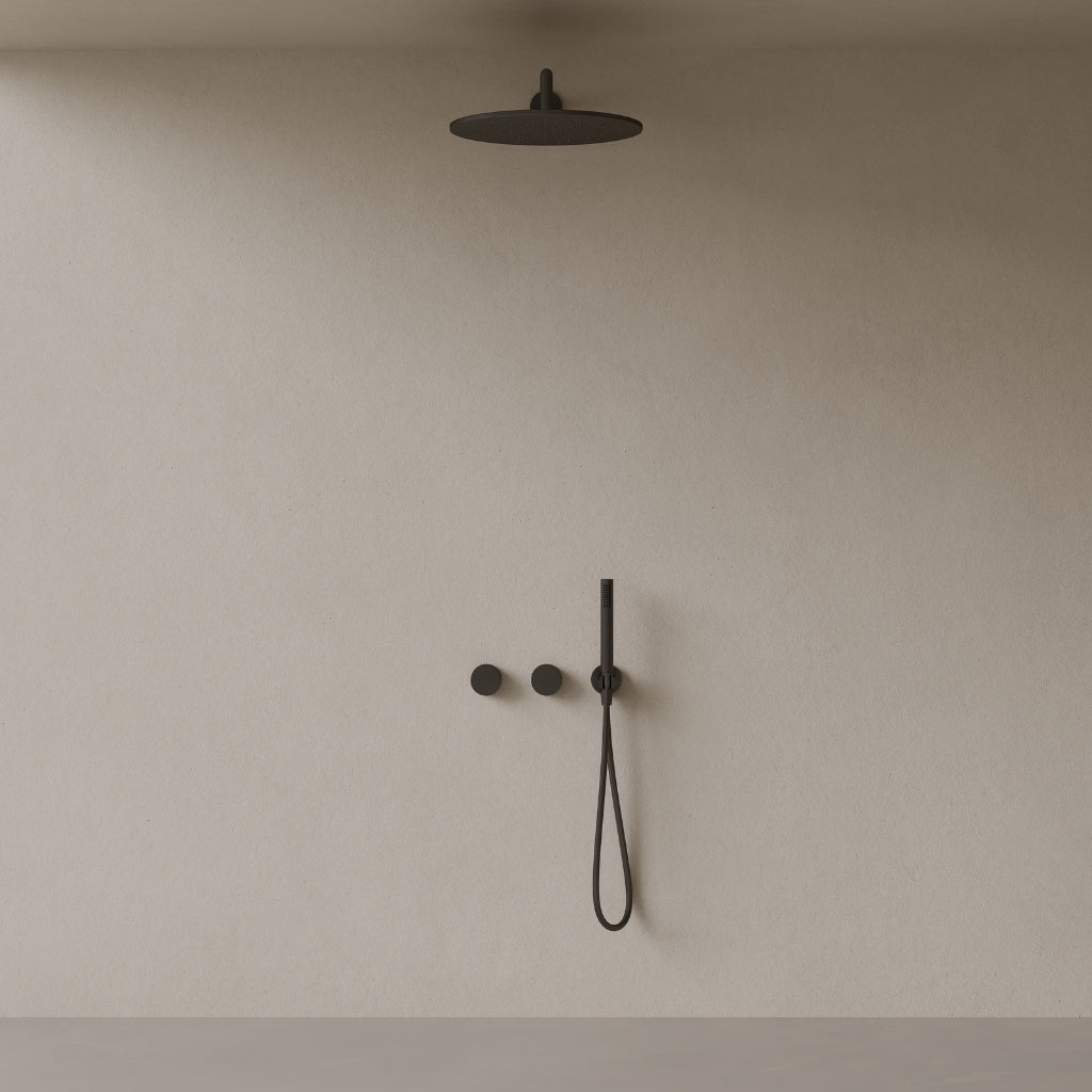 Thermostatic Square Arm Rainfall Shower System with Dual Knob Control and Handheld