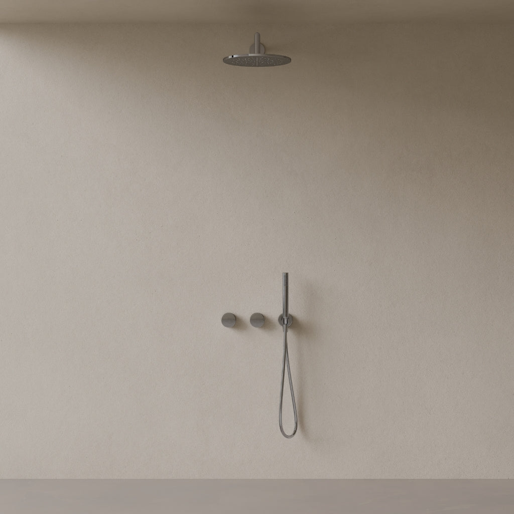 Thermostatic Square Arm Rainfall Shower System with Dual Knob Control and Handheld