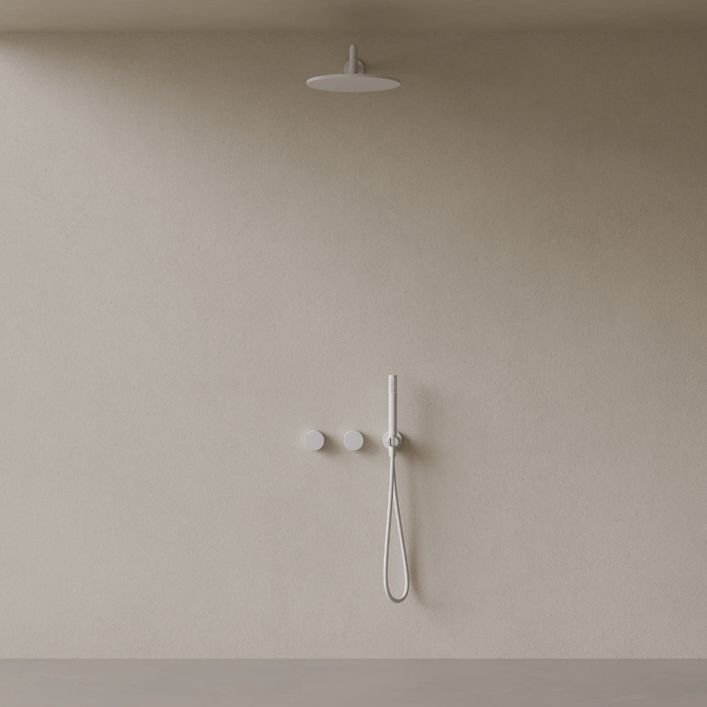 Thermostatic Square Arm Rainfall Shower System with Dual Knob Control and Handheld