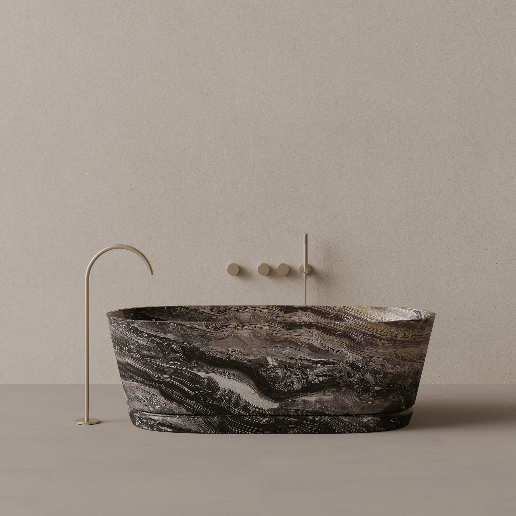 67" x 30" Handcrafted Oval Stone Bathtub with Carved Linear Detail