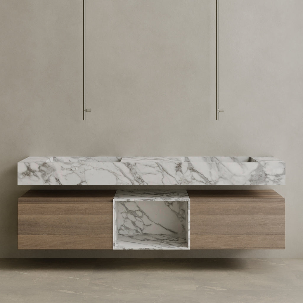 Oversized Floating Double Sink Marble Vanity with Wood Drawers