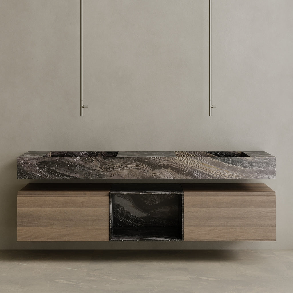 Oversized Floating Double Sink Marble Vanity with Wood Drawers