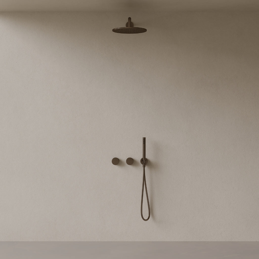 Thermostatic Curved Arm Rainfall Shower System with Dual Knob Control and Handheld