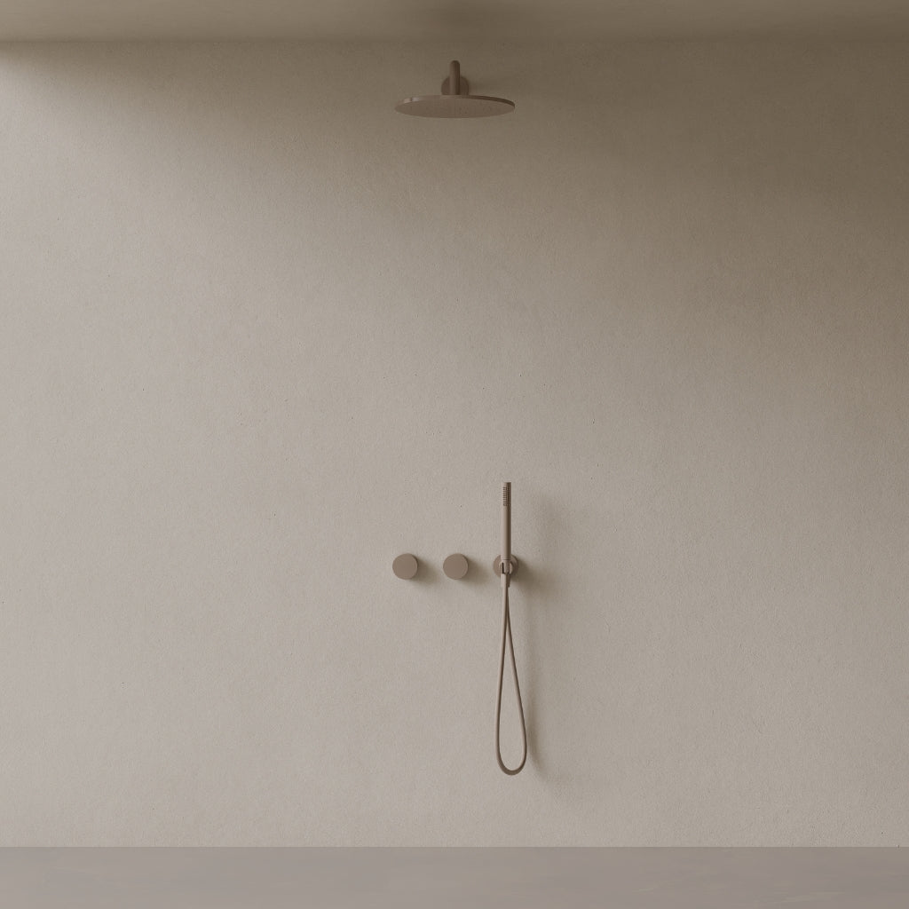 Thermostatic Curved Arm Rainfall Shower System with Dual Knob Control and Handheld