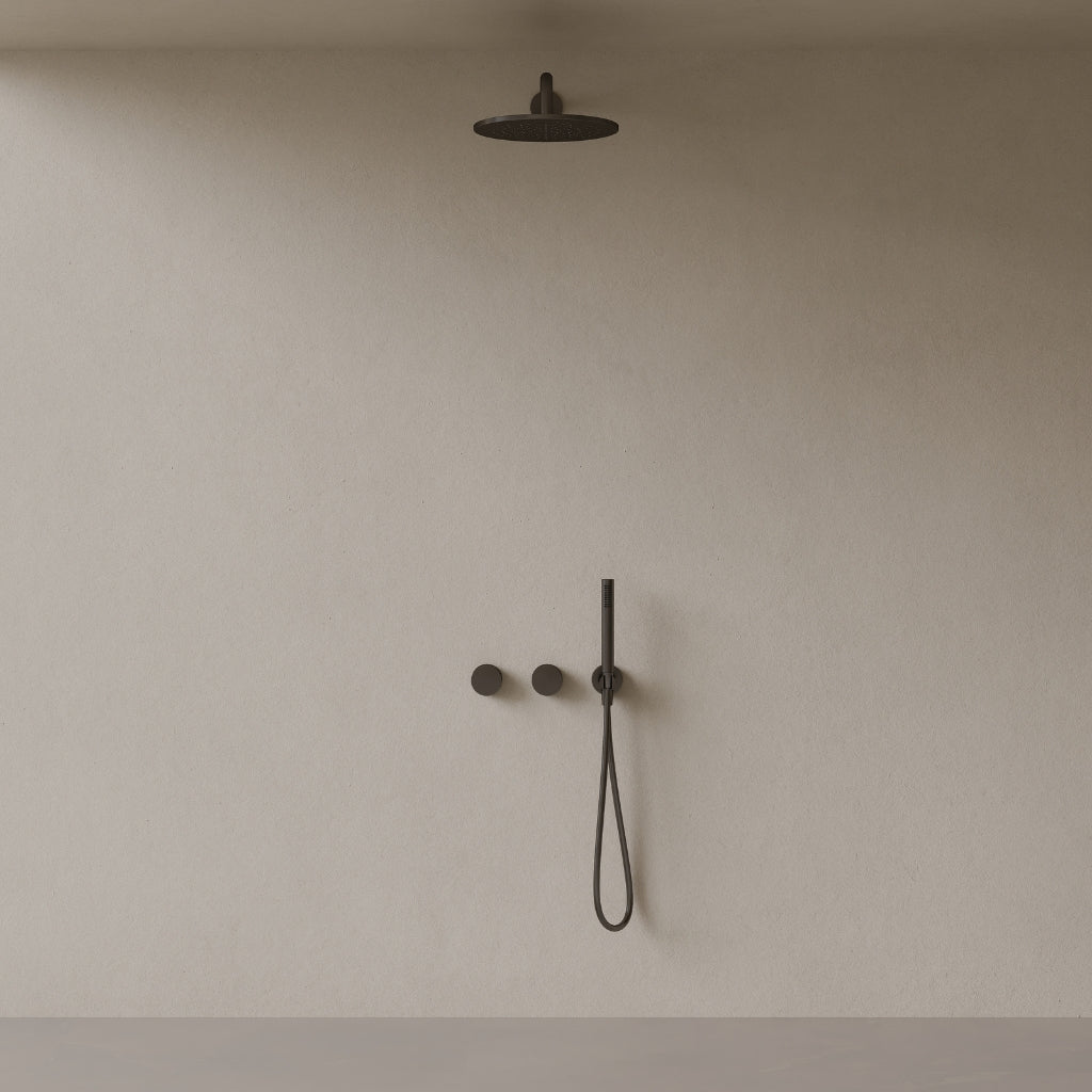 Thermostatic Curved Arm Rainfall Shower System with Dual Knob Control and Handheld