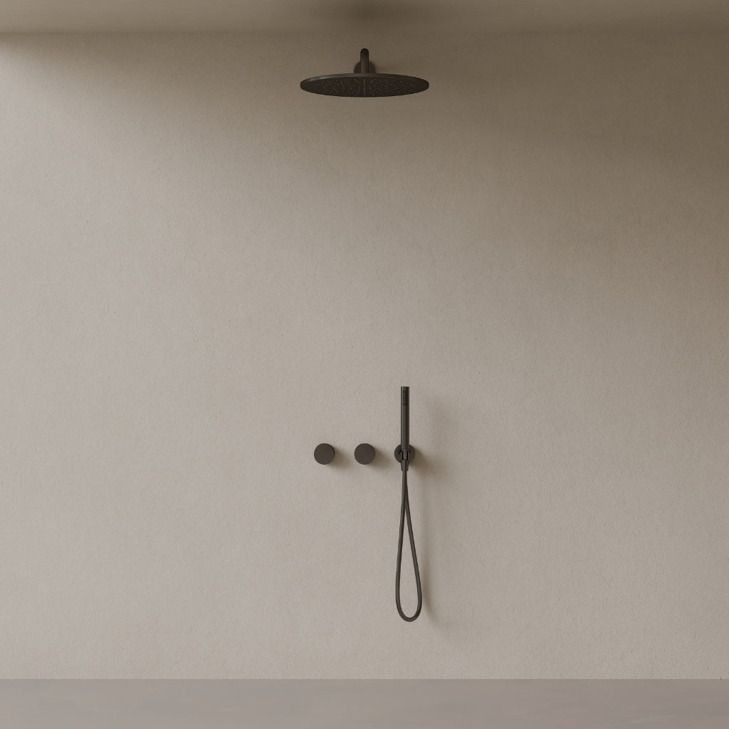Thermostatic Curved Arm Rainfall Shower System with Dual Knob Control and Handheld