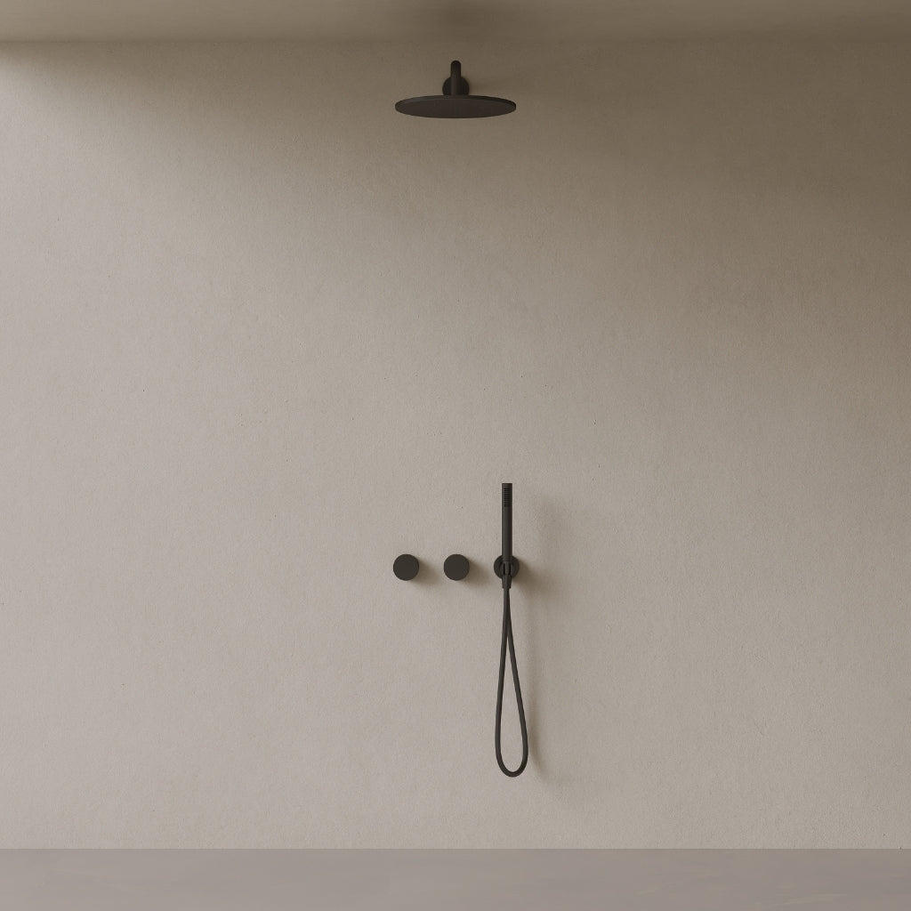 Thermostatic Curved Arm Rainfall Shower System with Dual Knob Control and Handheld