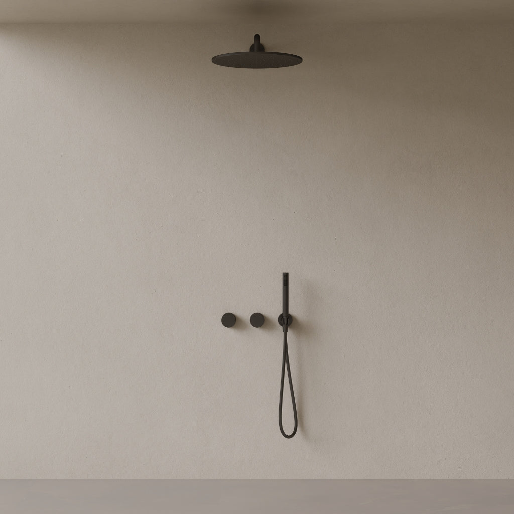 Thermostatic Curved Arm Rainfall Shower System with Dual Knob Control and Handheld