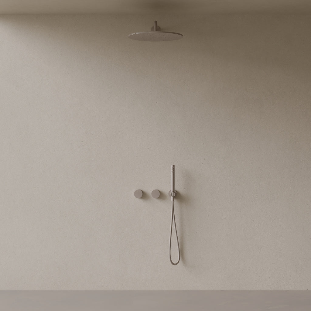 Thermostatic Curved Arm Rainfall Shower System with Dual Knob Control and Handheld