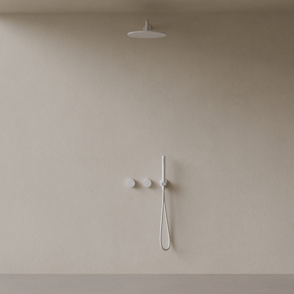 Thermostatic Curved Arm Rainfall Shower System with Dual Knob Control and Handheld