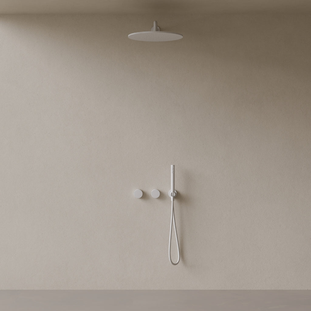 Thermostatic Curved Arm Rainfall Shower System with Dual Knob Control and Handheld