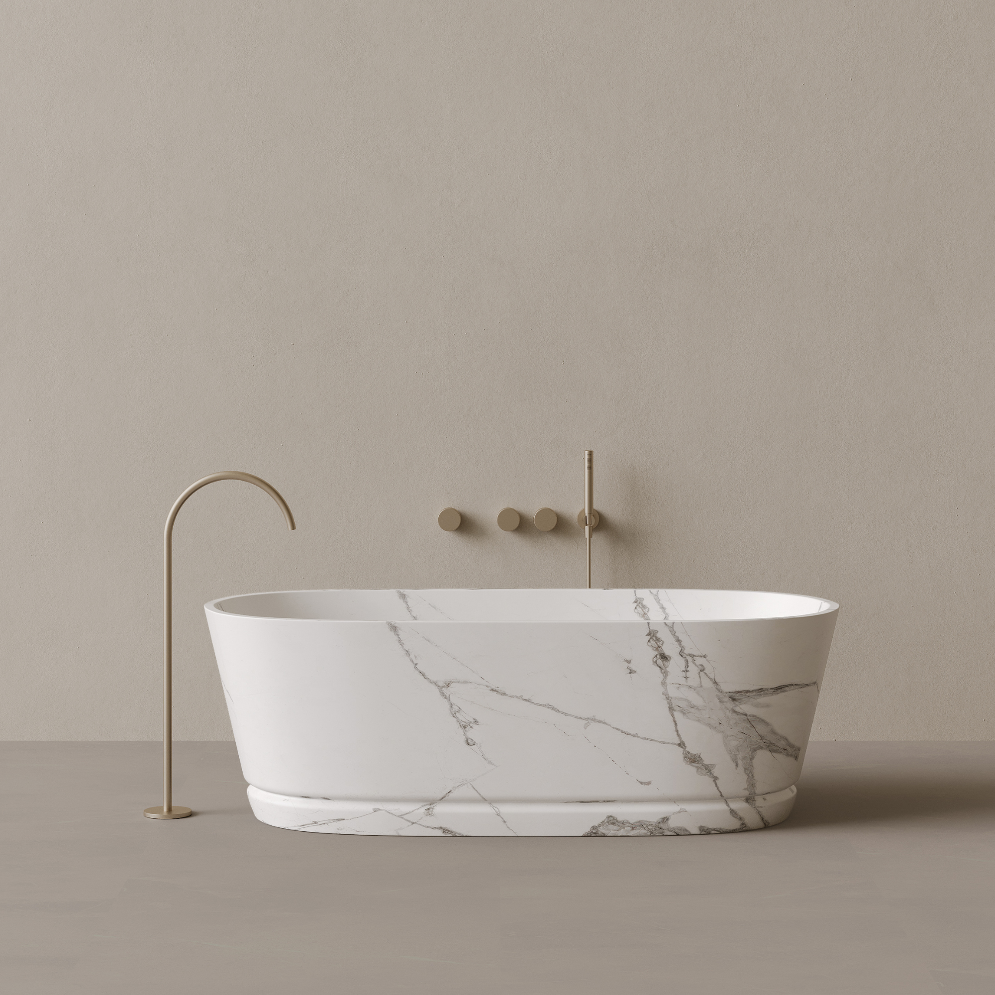 67" x 30" Handcrafted Oval Stone Bathtub with Carved Linear Detail