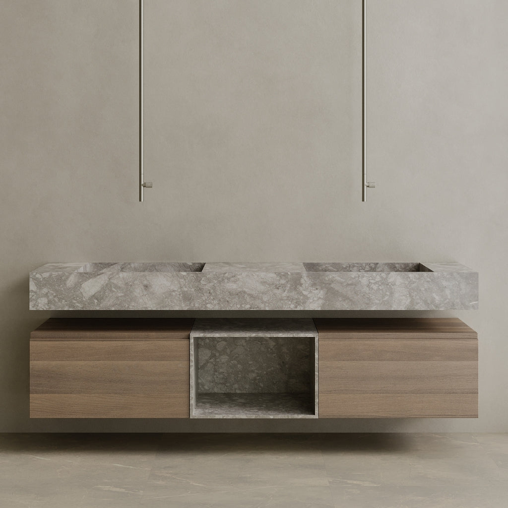 Oversized Floating Double Sink Marble Vanity with Wood Drawers