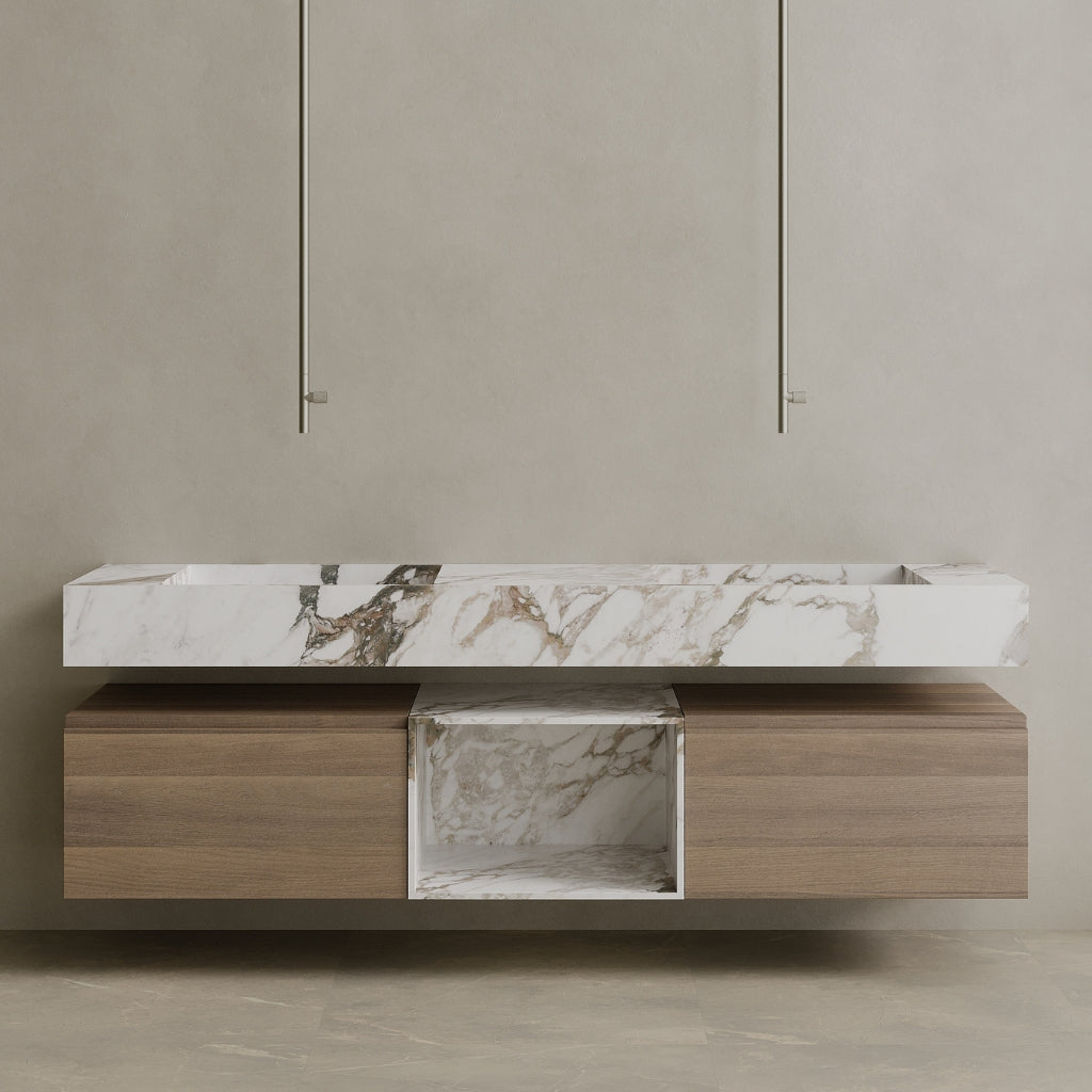 Oversized Floating Double Sink Marble Vanity with Wood Drawers