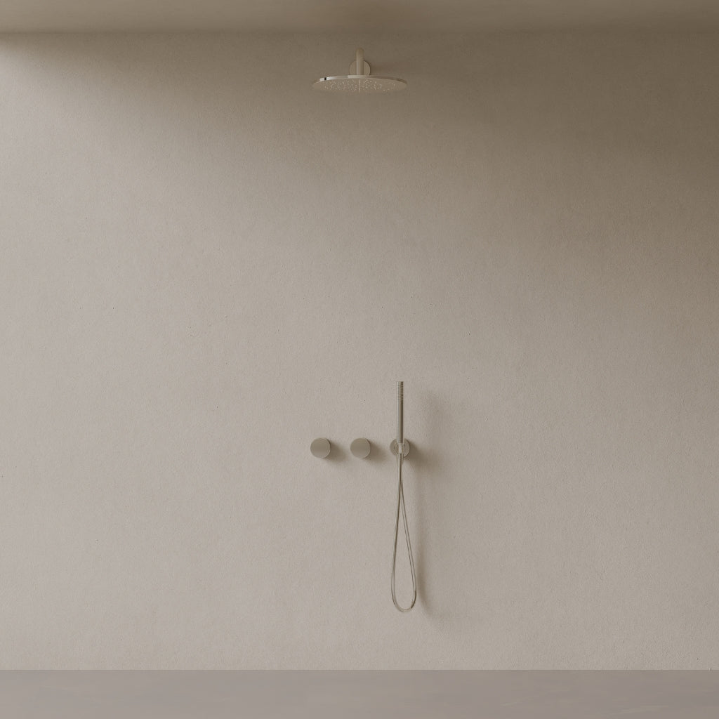 Thermostatic Curved Arm Rainfall Shower System with Dual Knob Control and Handheld