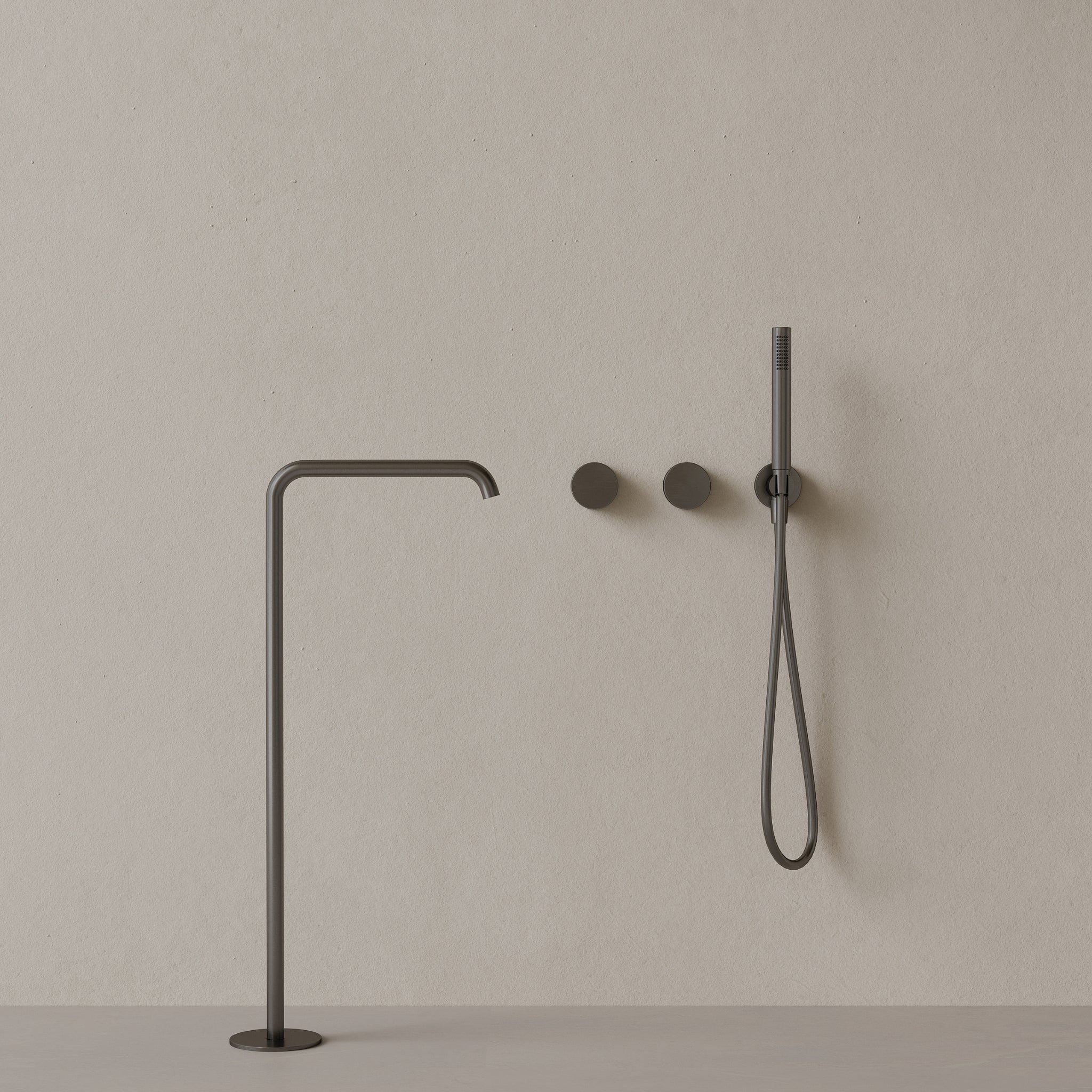 Modern Square Floor-mounted Bathtub Filler with Dual Knob Control and Handheld