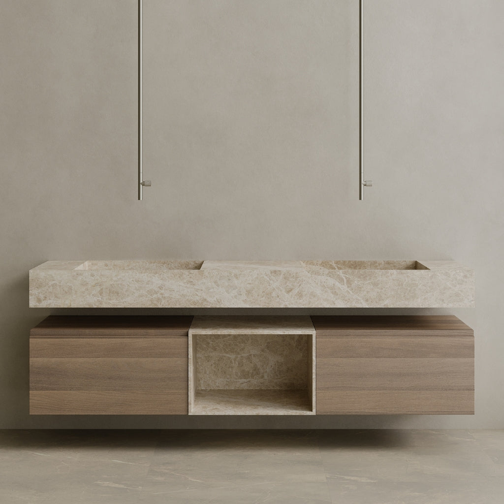 Oversized Floating Double Sink Marble Vanity with Wood Drawers