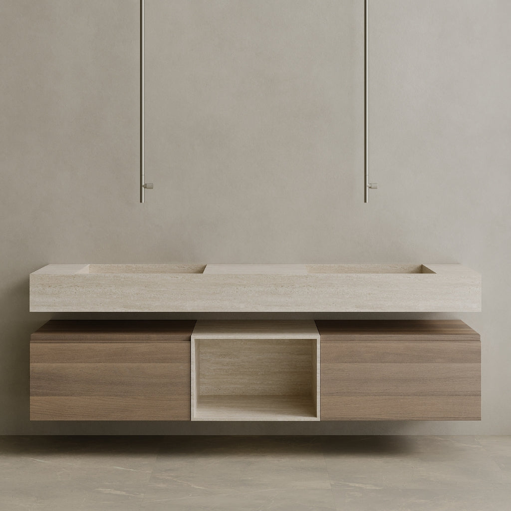 Oversized Floating Double Sink Marble Vanity with Wood Drawers