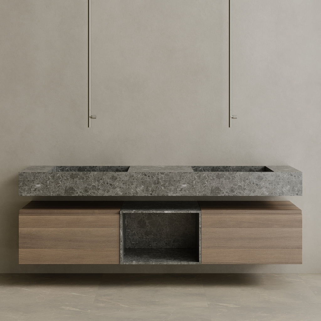 Oversized Floating Double Sink Marble Vanity with Wood Drawers
