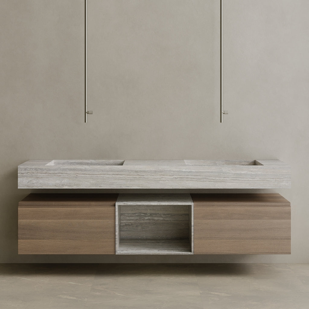 Oversized Floating Double Sink Marble Vanity with Wood Drawers