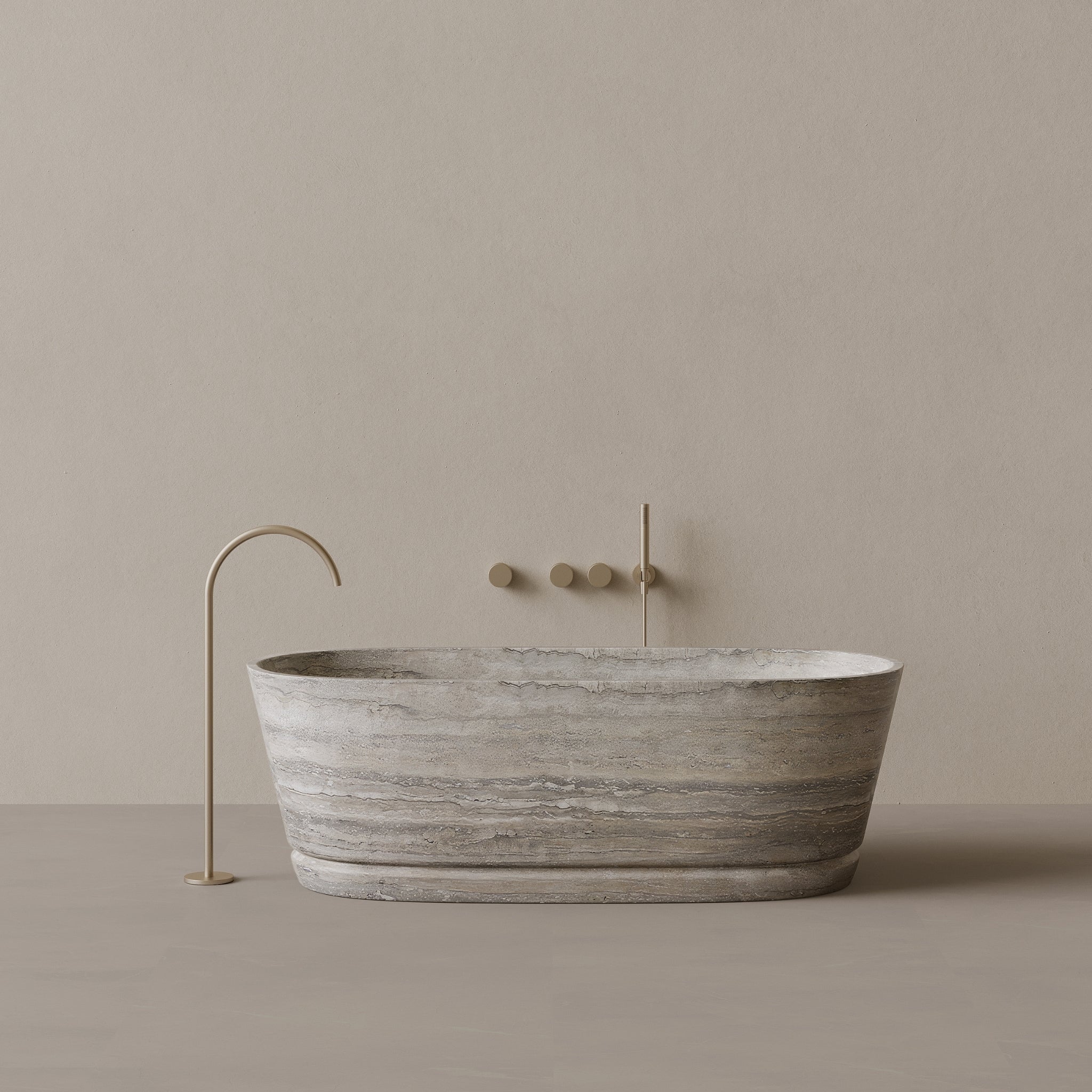 67" x 30" Handcrafted Oval Stone Bathtub with Carved Linear Detail