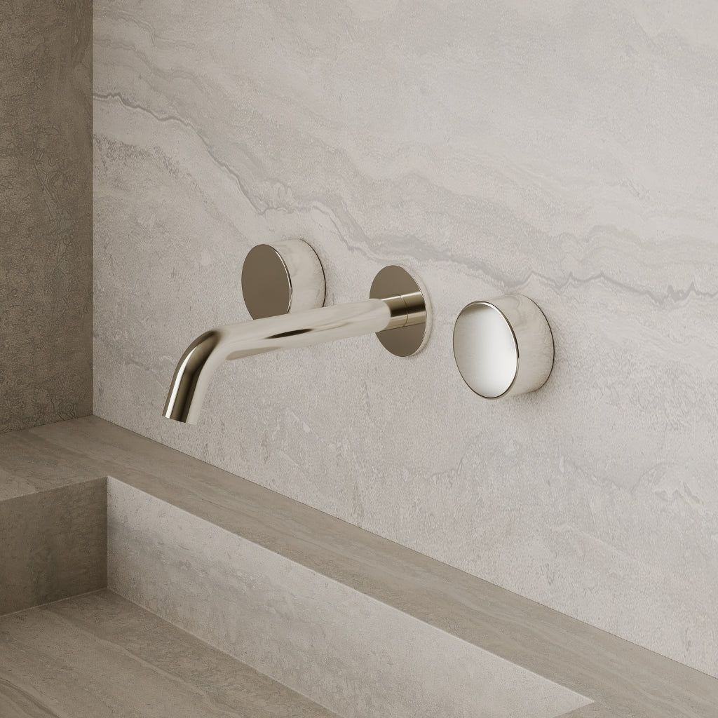 Modern Curved Wall-Mounted Faucet with Circular Knobs