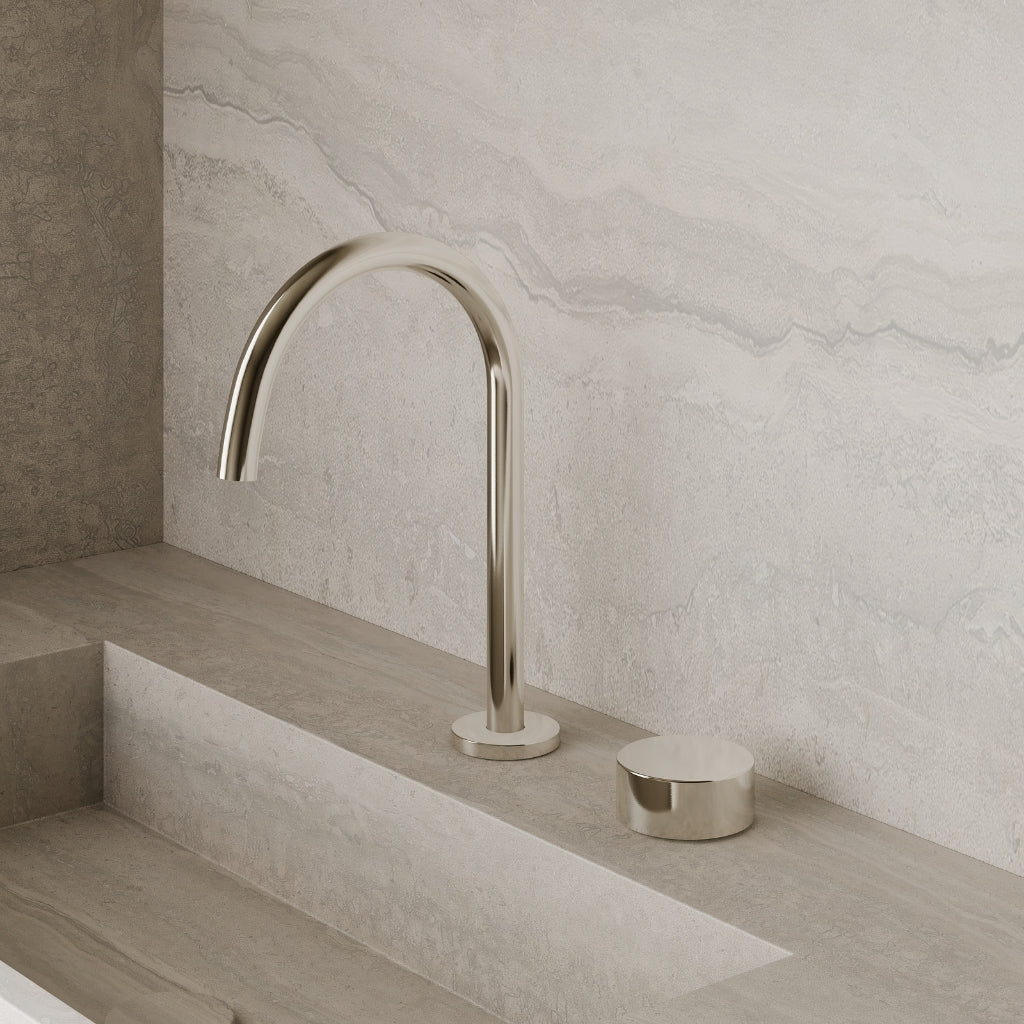 Modern High Arc Counter-Mounted Faucet with Circular Knobs