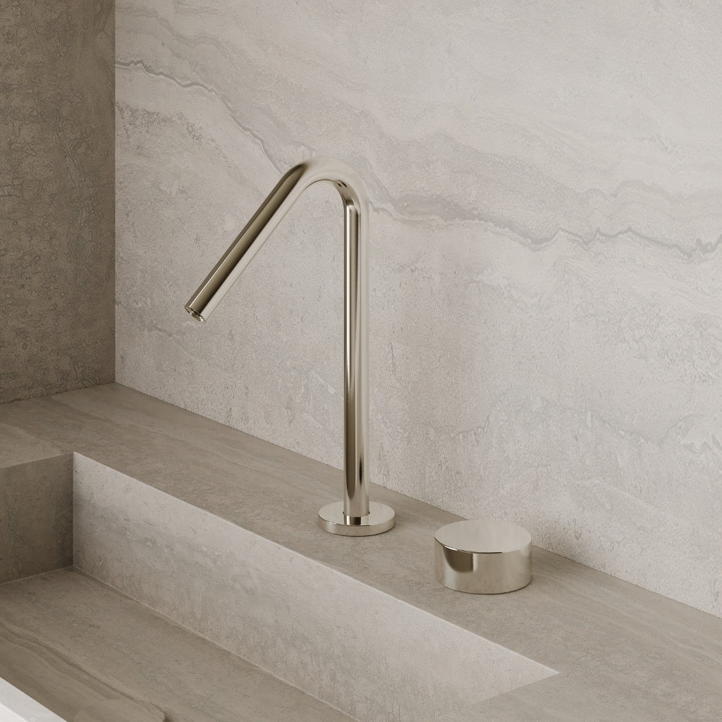 Modern Angled Counter-Mounted Faucet with Circular Knobs