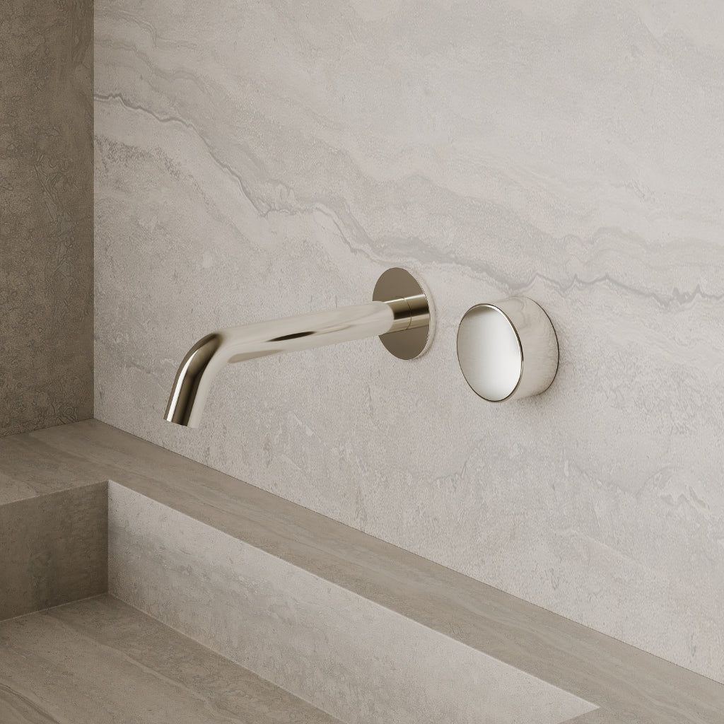 Modern Curved Wall-Mounted Faucet with Circular Knobs