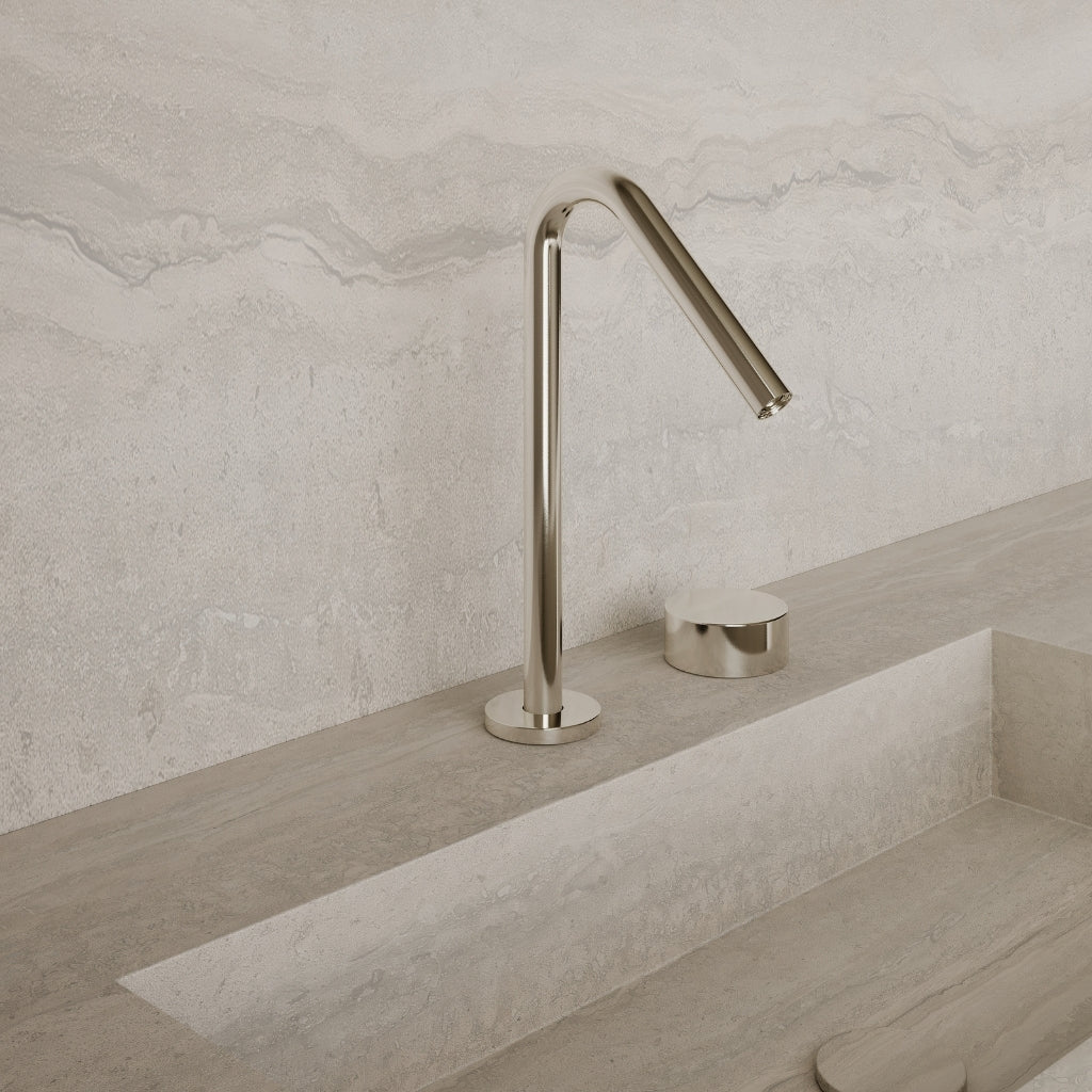 Modern Angled Counter-Mounted Faucet with Circular Knobs