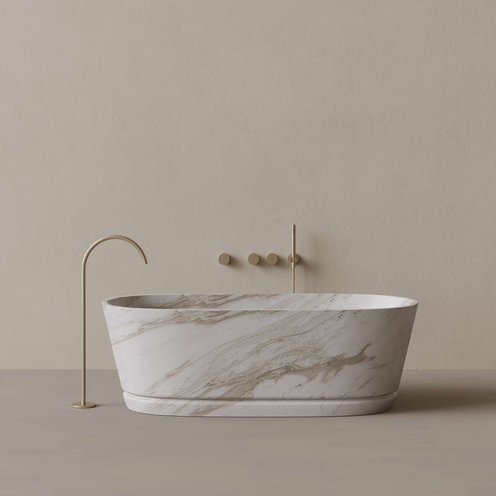 67" x 30" Handcrafted Oval Stone Bathtub with Carved Linear Detail