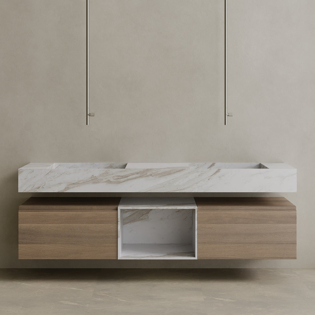 Oversized Floating Double Sink Marble Vanity with Wood Drawers