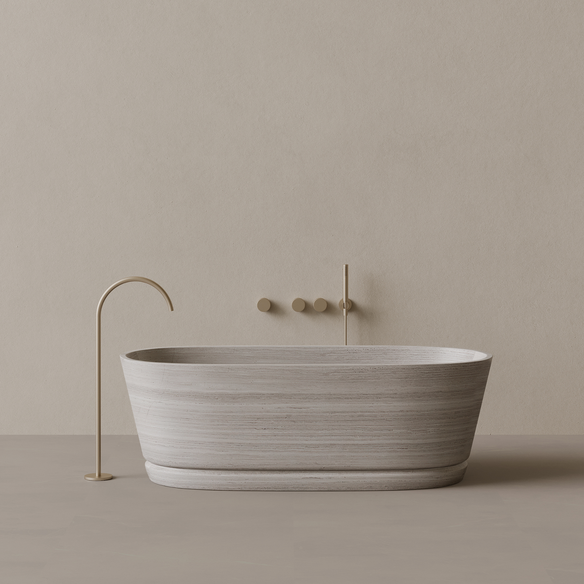 67" x 30" Handcrafted Oval Stone Bathtub with Carved Linear Detail